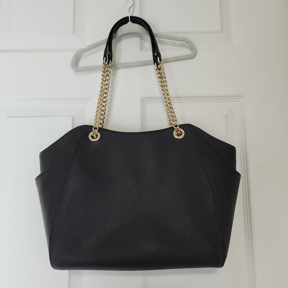 Michael Kors Jet Set Saffiano leather Shoulder Tote Bag Black golden chain Lg - Picture 4 of 16